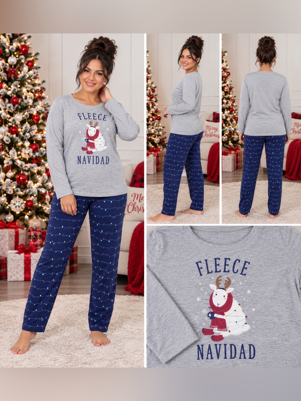 9246 - NIP Small Fleece Navidad Women’s Christmas Pajama Set Gray Navy Reindeer